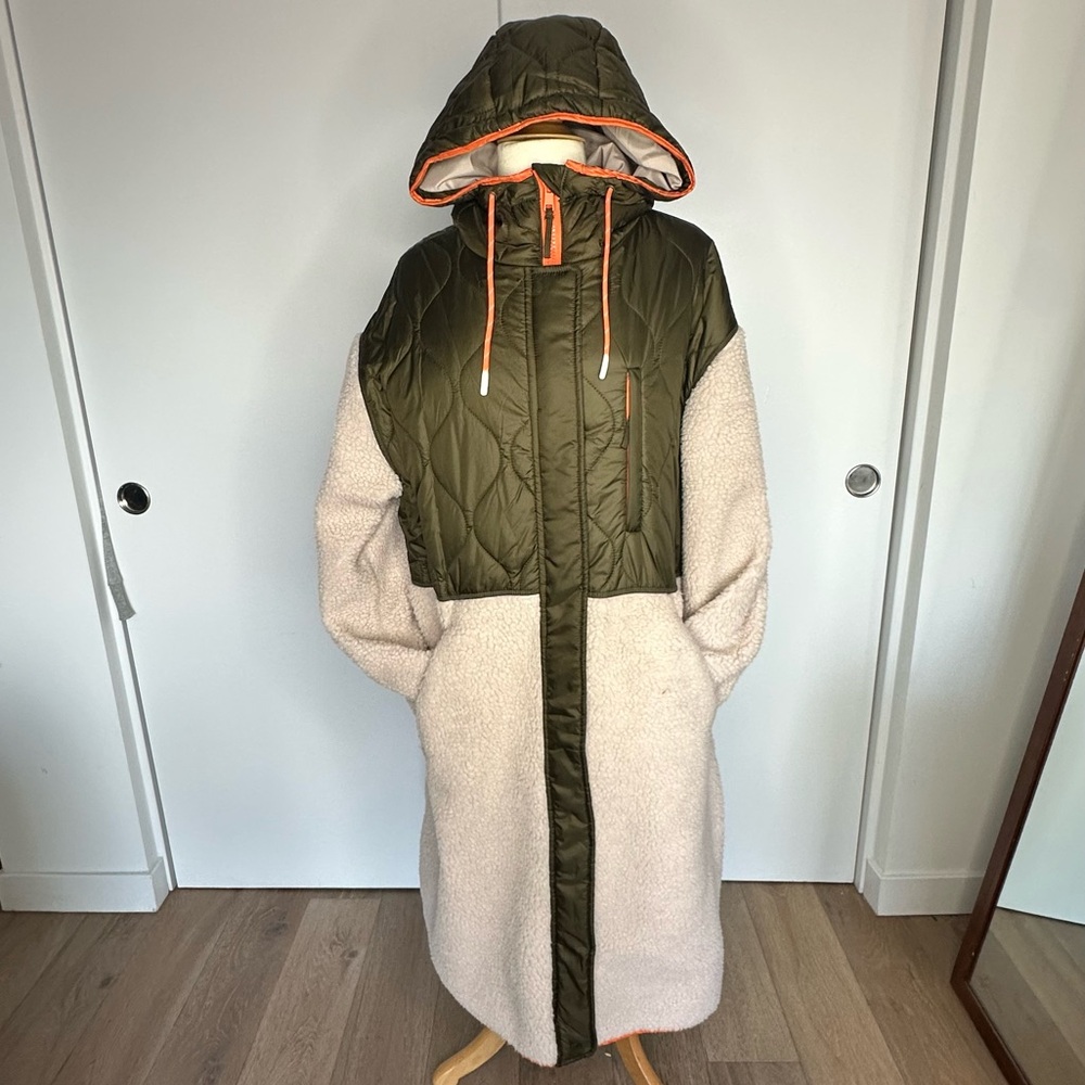 H&M Olive Green and Cream Hooded Women's Sherpa Coat